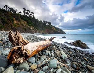 Driftwood log on a pebble beach, coastal scene