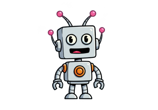 Cute cartoon robot with antennae and a happy expression isolated on transparent background