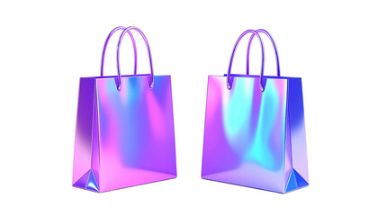 Two holographic shopping bag icons in purple and blue isolated on transparent background