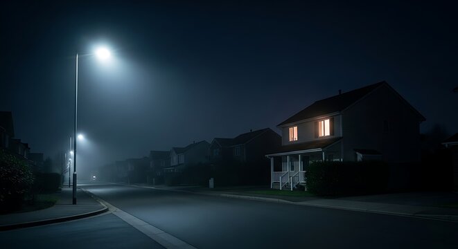 Atmospheric foggy suburban neighborhood street at night with bright streetlight illuminating mist and house with warm lit windows creating moody cinematic scene