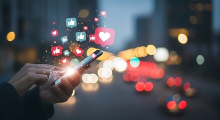 Person using smartphone at night with glowing social media like and heart icons floating from screen against blurred city bokeh lights background