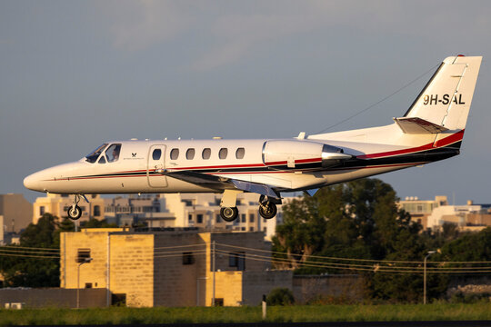 Luqa, Malta - October 16, 2025: FlyCom Aviation Cessna 550 Citation II Bravo (REG: 9H-SAL) on finals runway 31.