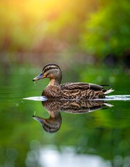 Duck floats on pond, reflected perfectly