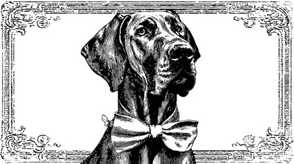 Stylish black and white vintage dog illustration with a bow tie in an antique decorative frame, elegant pet portrait artwork