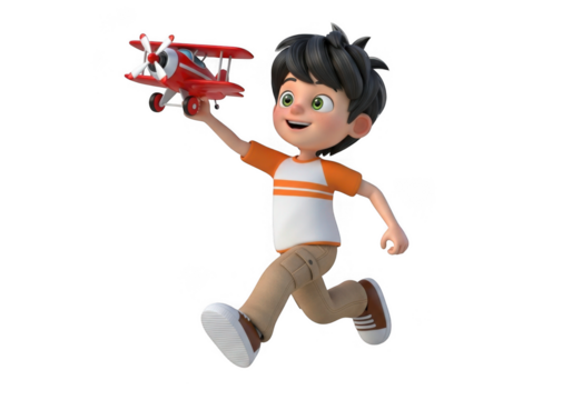 Animated cartoon boy running and holding a red toy airplane isolated on transparent background - Powered by Adobe