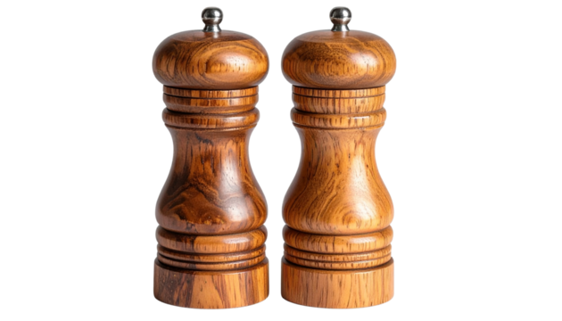Elegant wooden salt and pepper grinders kitchenware set home decor isolated on transparent background