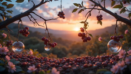 Ethereal coffee cherry still life on gnarled branches with dew kissed glass orbs
