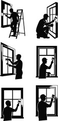 Silhouette vector illustration of worker painting window frames with brush, ladder, repair, maintenance, construction, renovation, DIY, home improvement, labor