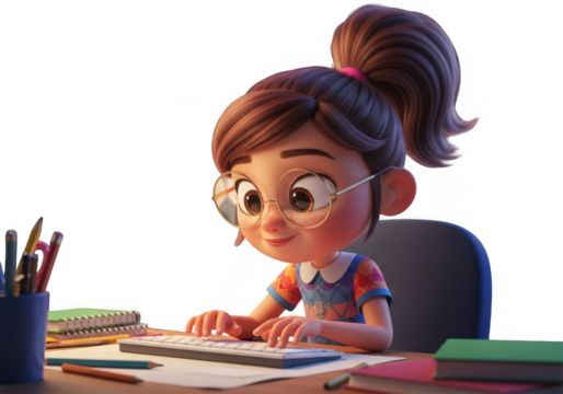 Cute cartoon girl with glasses studying at a desk isolated on transparent background
