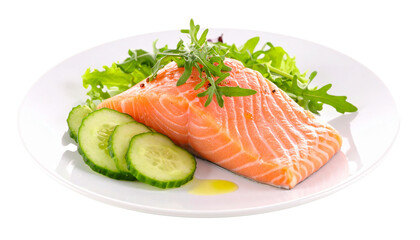 Fresh Salmon Steak with Crisp Salad on White Background