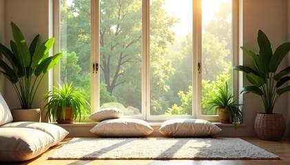Sunlit Meditation Room Peaceful Living Space with Cushions & Plants, Ideal for Yoga, Mindfulness, and Relaxation
