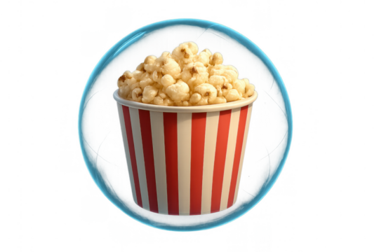 Popcorn bucket with red and white stripes and a blue arc, creating a cinematic snack concept on transparent background - Powered by Adobe