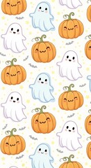 Obraz premium Cute cartoon ghost and pumpkin pattern. Funny Halloween background for holiday decoration and children design. Adorable spooky season motif.