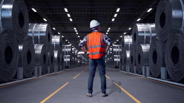 Full Body Back View Of A Male Engineer Wearing Safety Helmet Looking Around While Standing With Arms Akimbo with Stacks of Huge Metal Steel Coils