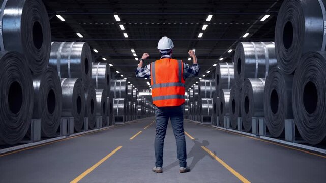 Full Body Back View Of A Male Engineer With Safety Helmet Raising His Hands Celebrating While Working with Stacks of Huge Metal Steel Coils
