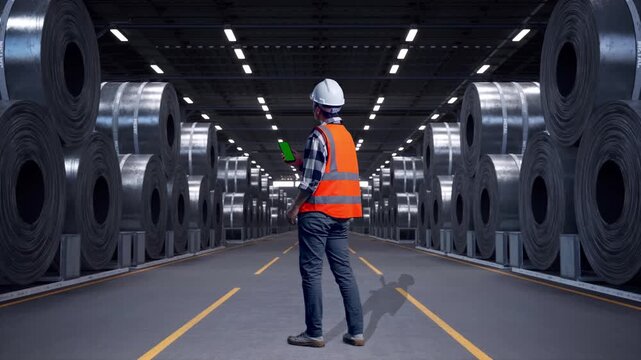 Full Body Back View Of Asian Male Engineer With Safety Helmet Working On A Green Screen Smartphone And Looking Around While Standing with Stacks of Huge Metal Steel Coils