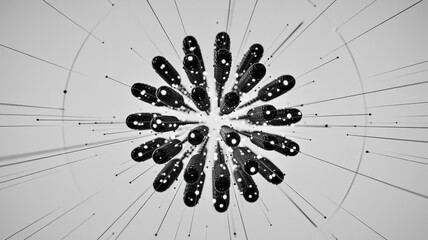 A black and white digital art piece depicting a spherical particle cloud formation.