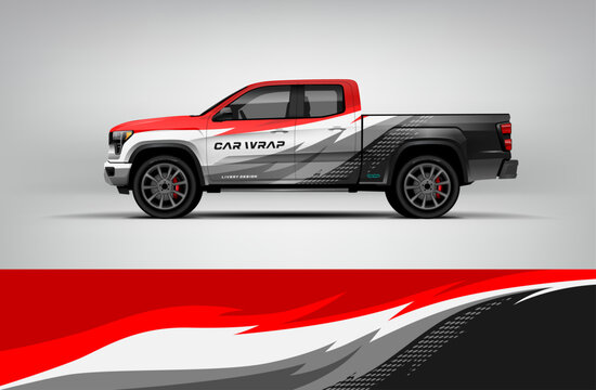 Red and black pickup wrap with smooth white curved motion stripe. Editable vector EPS provided.