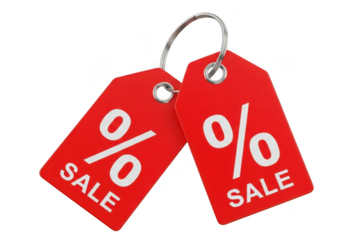 Two red sale tags with percentage symbols isolated on transparent background