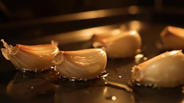 Roasted Garlic Cloves Being Cooked in the Oven, Delicious Homemade Recipe, Close Up Shot