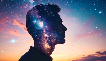 Conceptual human silhouette filled with a vibrant galaxy, symbolizing consciousness and cosmic connection against a sunset sky