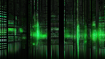 Dynamic green digital streams illuminate abstract futuristic cityscape with glowing data.