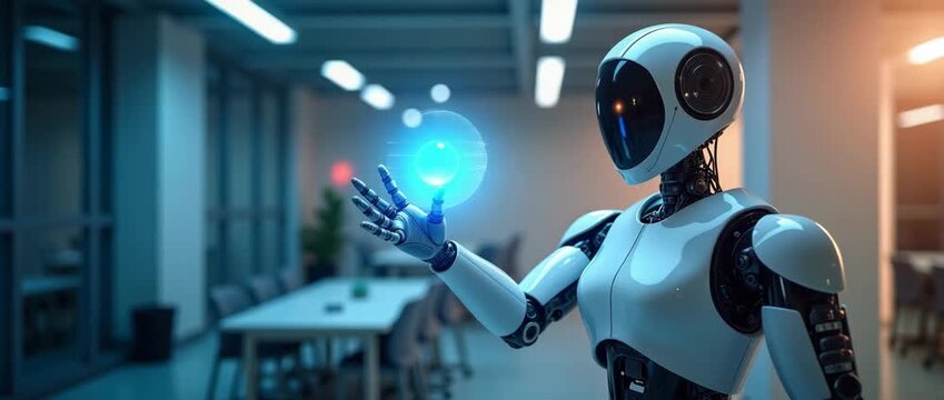 A minimalistic and professional image of an AI agent facilitating e-commerce, designed with soft colors and copy space suitable for promotional content.