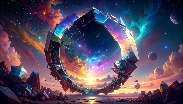An ancient crystalline ring artifact serves as a cosmic gateway against a backdrop of a vibrant nebula and sunset