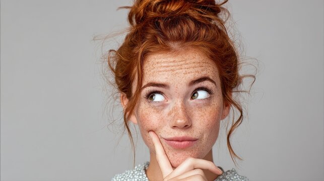 hmm let me think studio shot of cute redhead girl with hair knot and freckles looking sideways with thoughtful and sly expression raising one brow as if having good idea planning something no logos n