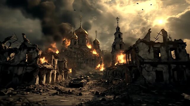 War-torn city with tank, burning buildings, destroyed church, and planes