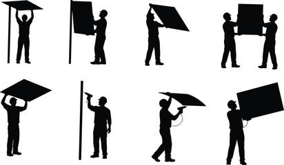 Obraz premium Silhouette vector illustration of workers lifting, positioning, and installing large panels, teamwork, solar energy, construction, labor, repair, building, and industry