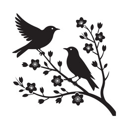 Vector art of two black birds silhouette perched on a blooming tree branch with flowers