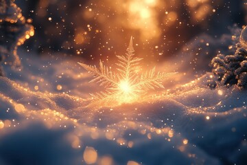 Snowflakes fall gently onto a snowy forest floor.