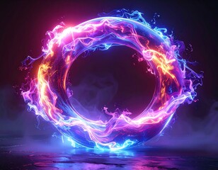 A vibrant ring of energy swirls with fiery colors against a dark backdrop