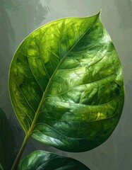 Detailed close-up of a vibrant green leaf, veins visible, with a natural background