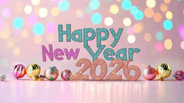Glittering "Happy New Year 2026" text glowing with festive lights and shimmering particles - Powered by Adobe