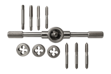 High-speed steel tap and die set with ratchet handle for machinist tools.