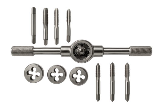 High-speed steel tap and die set with ratchet handle for machinist tools.