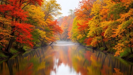 landscape with stylized layered hills, orange trees, and sunset gradient sky, soft diffusion of light, full color depth