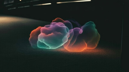 Abstract glowing amorphous cloud formation with vibrant neon colors and soft light