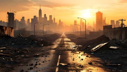 A desolate, post-apocalyptic cityscape at sunset, with rubble-strewn streets and damaged buildings.