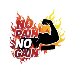 Motivational Gym T-Shirt Design – No Pain No Gain Typography with Muscle Silhouette and Fire Effect Vector