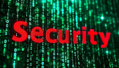 The word Security in red text glowing over a digital background of falling green binary code.