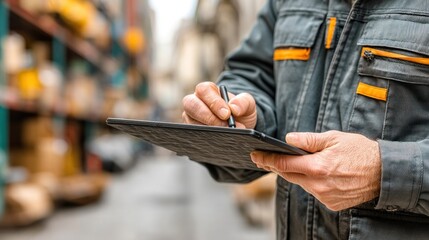A worker in a warehouse uses a tablet to take notes, showcasing a blend of technology and industry in an organized environment.
