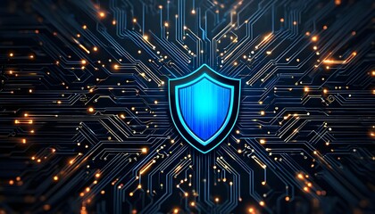 Cybersecurity shield on circuit board, digital protection concept.