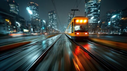 A vibrant night scene of a moving train through a city, showcasing reflections on wet tracks and illuminated skyscrapers in the background.