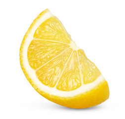 Yellow lemon slice. Citrus fruit isolated on white background. Full depth of field.