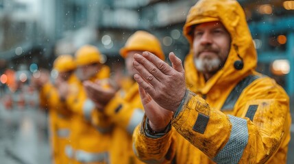 Workers in yellow rain gear applaud in the rain, showcasing teamwork and dedication amidst challenging weather conditions.