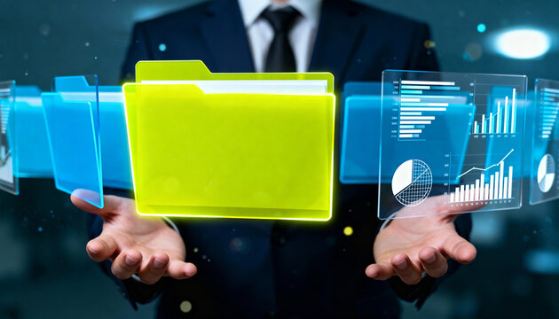 Businessman Interacting with Digital Document Folders, Office Workspace, Technology Concept, Front View