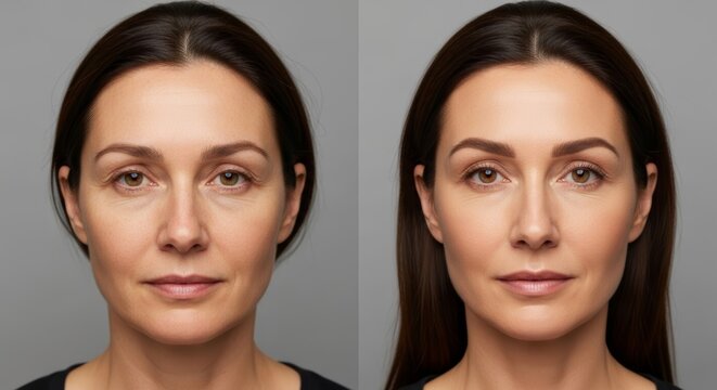Before and after comparison of mature woman's face. Anti-aging treatment results showing reduction of wrinkles and smoother skin. Cosmetology, facelift, and skincare concept for rejuvenation.